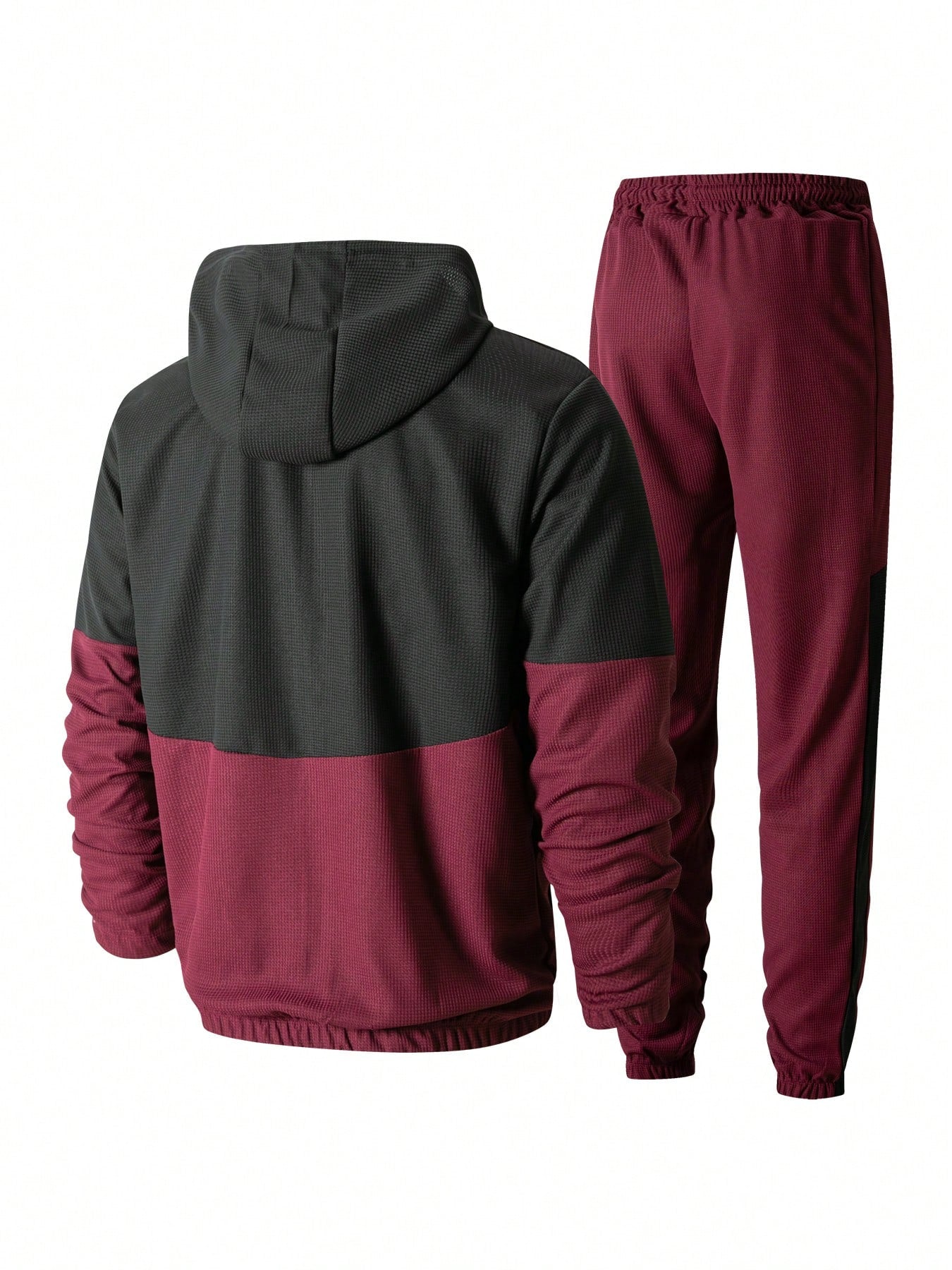 Ensemble veste décontractée pour homme, veste à capuche zippée en patchwork gaufré + pantalon long de sport 2 pièces