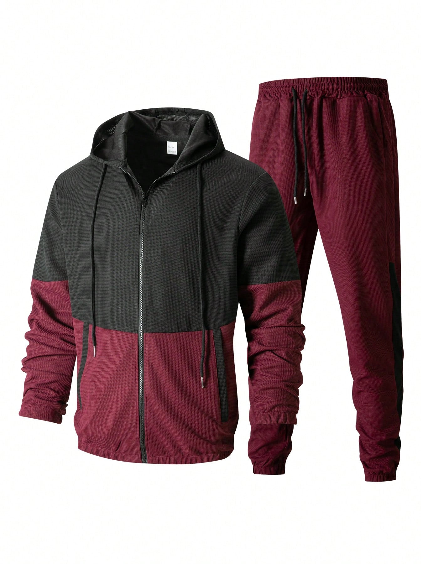 Ensemble veste décontractée pour homme, veste à capuche zippée en patchwork gaufré + pantalon long de sport 2 pièces