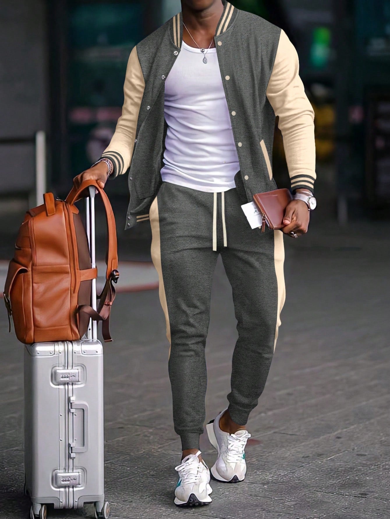 1 set Homme veste de baseball monobloc décontractée à col et pantalon, blocs de couleurs, 2 pièces, d'épaisseur moyenne, convient pour les voyages et l'usage quotidien