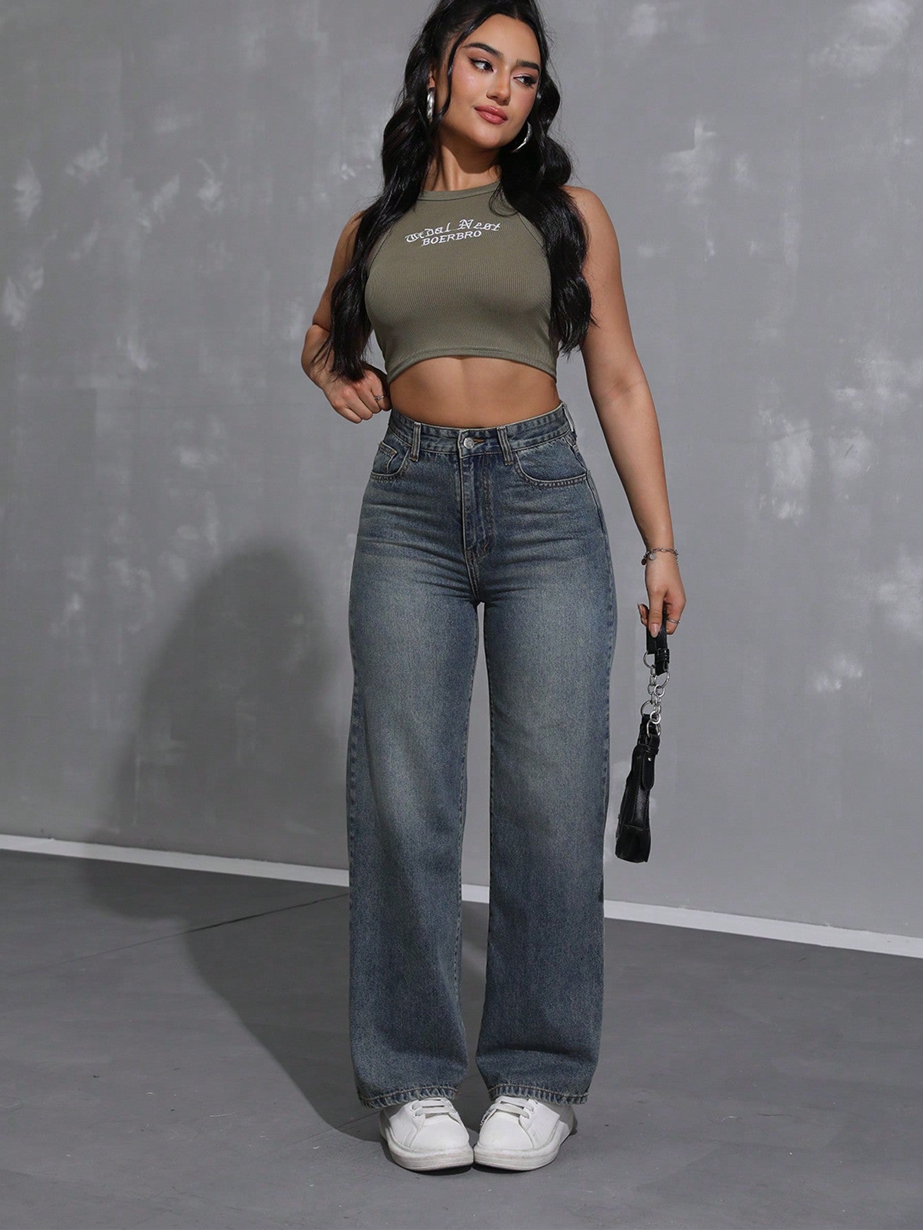 SHEIN x Lina SHEIN ICON Jeans droits taille mi-haute lavés décontractés de style rétro