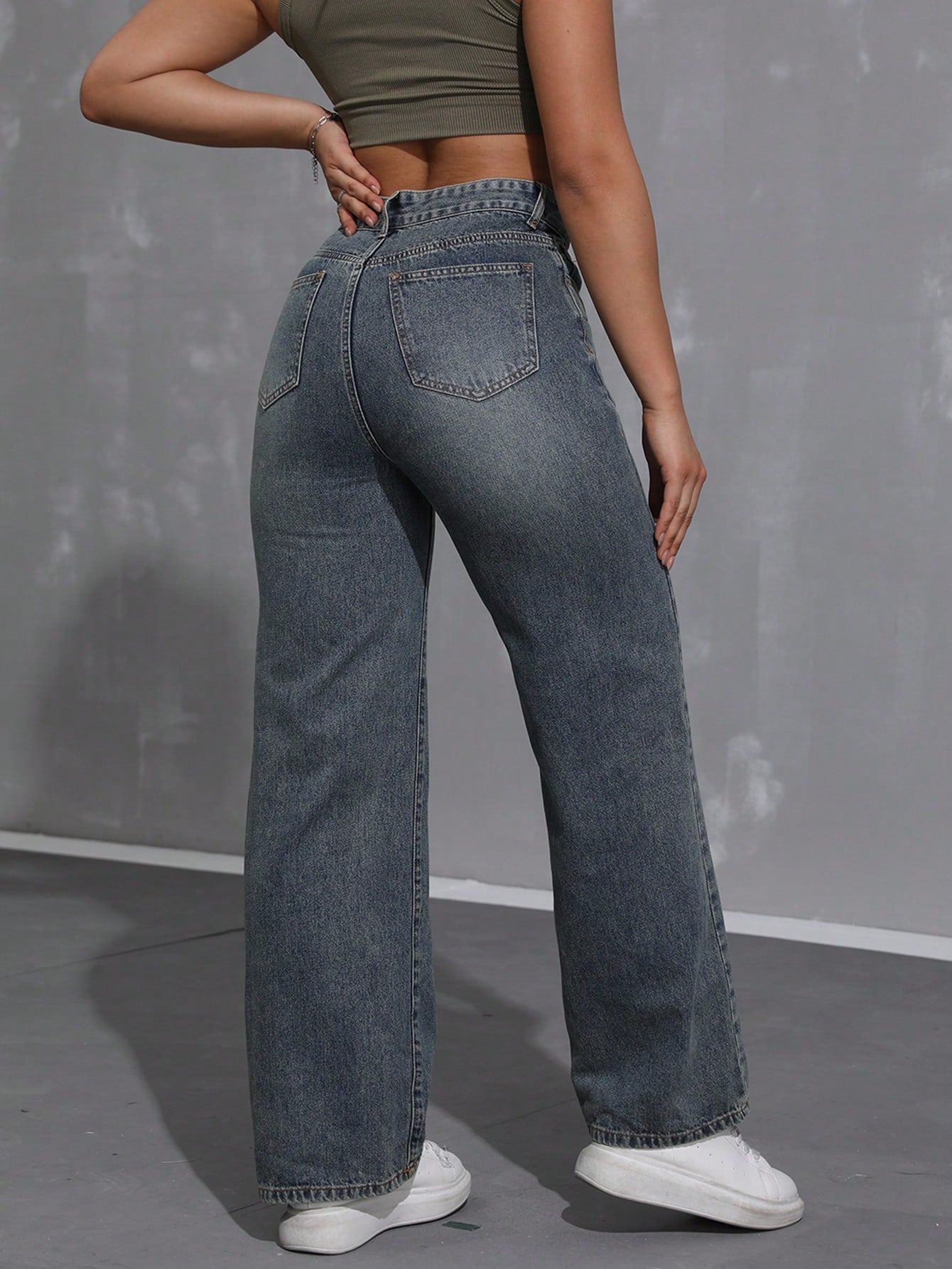 SHEIN x Lina SHEIN ICON Jeans droits taille mi-haute lavés décontractés de style rétro