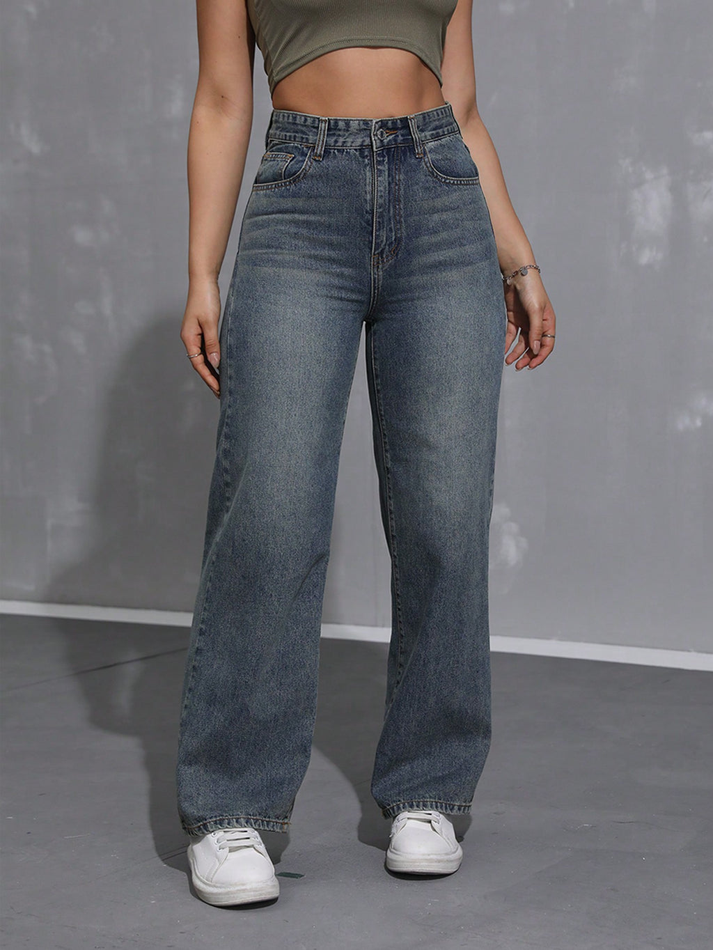 SHEIN x Lina SHEIN ICON Jeans droits taille mi-haute lavés décontractés de style rétro
