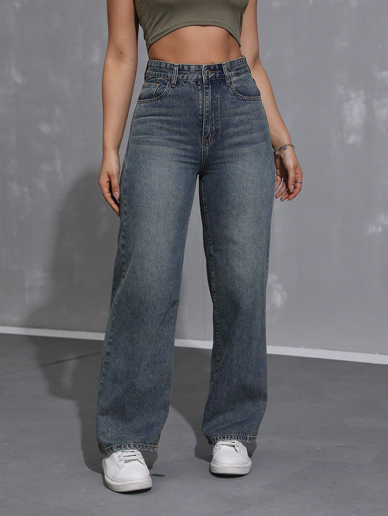 SHEIN x Lina SHEIN ICON Jeans droits taille mi-haute lavés décontractés de style rétro