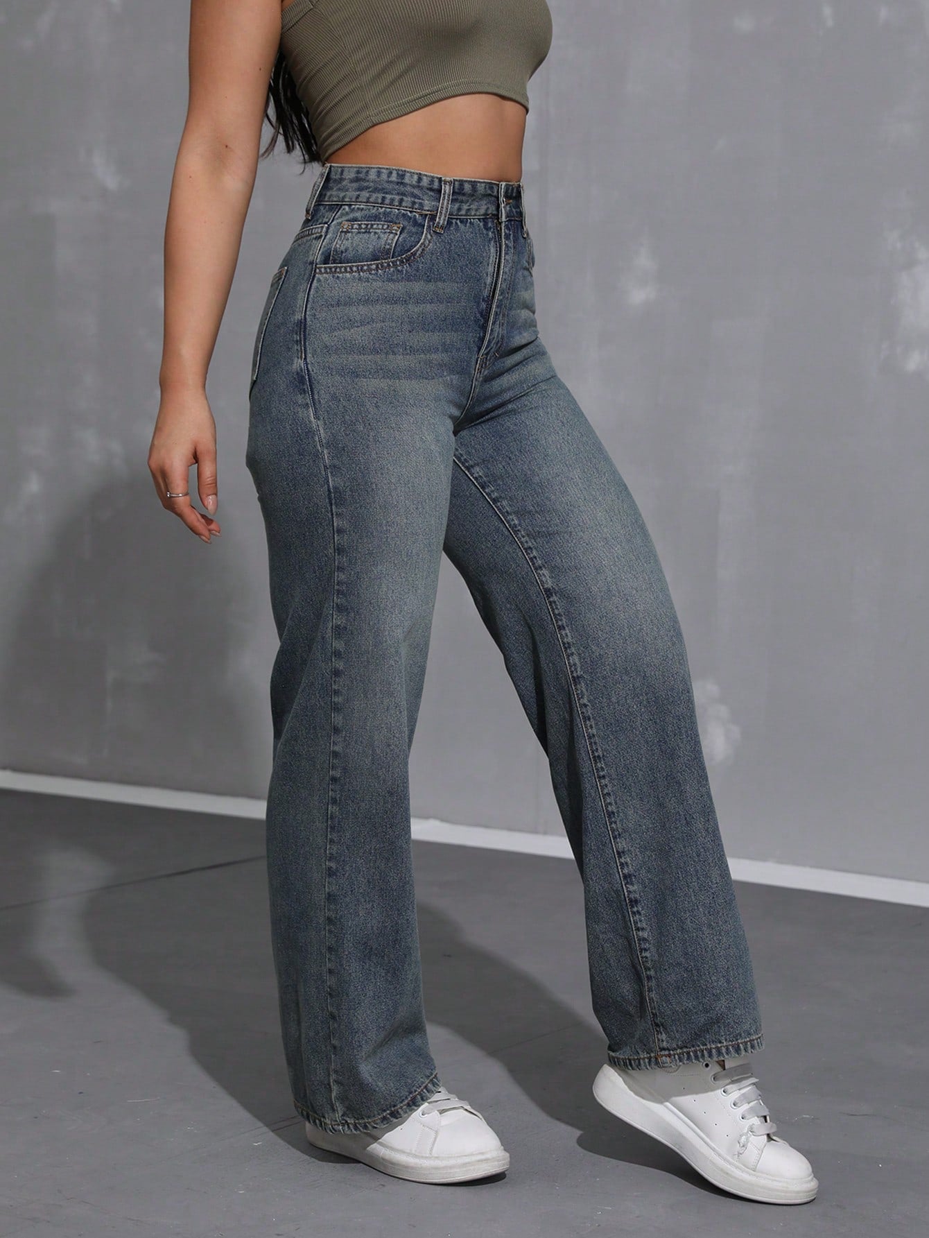SHEIN x Lina SHEIN ICON Jeans droits taille mi-haute lavés décontractés de style rétro