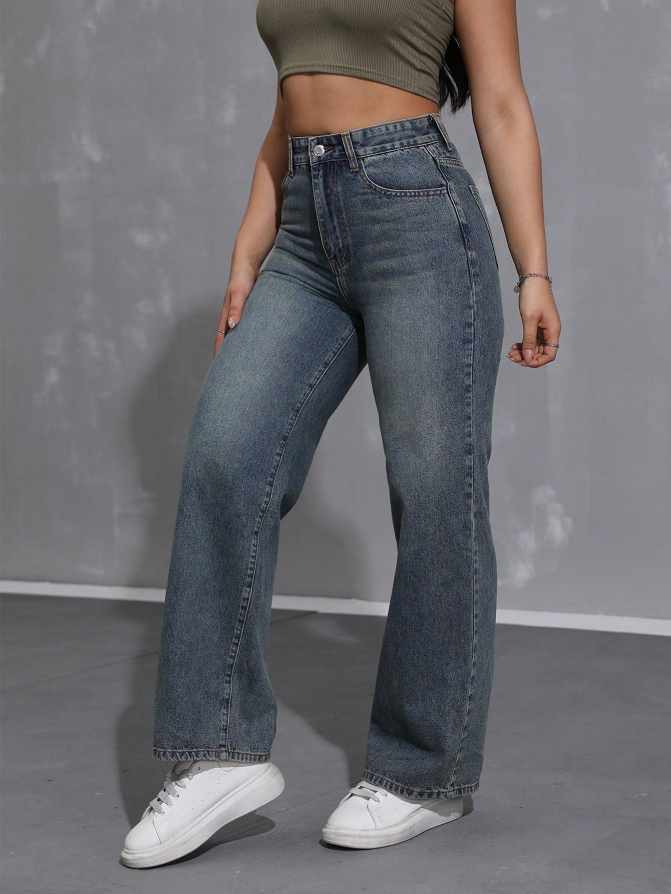 SHEIN x Lina SHEIN ICON Jeans droits taille mi-haute lavés décontractés de style rétro