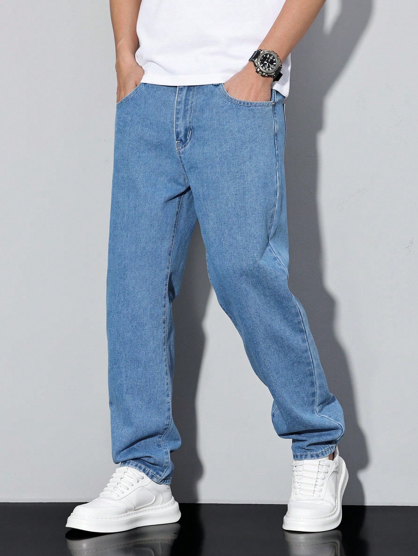 Manfinity Homme Jeans en denim fuselé délavé pour hommes, style décontracté