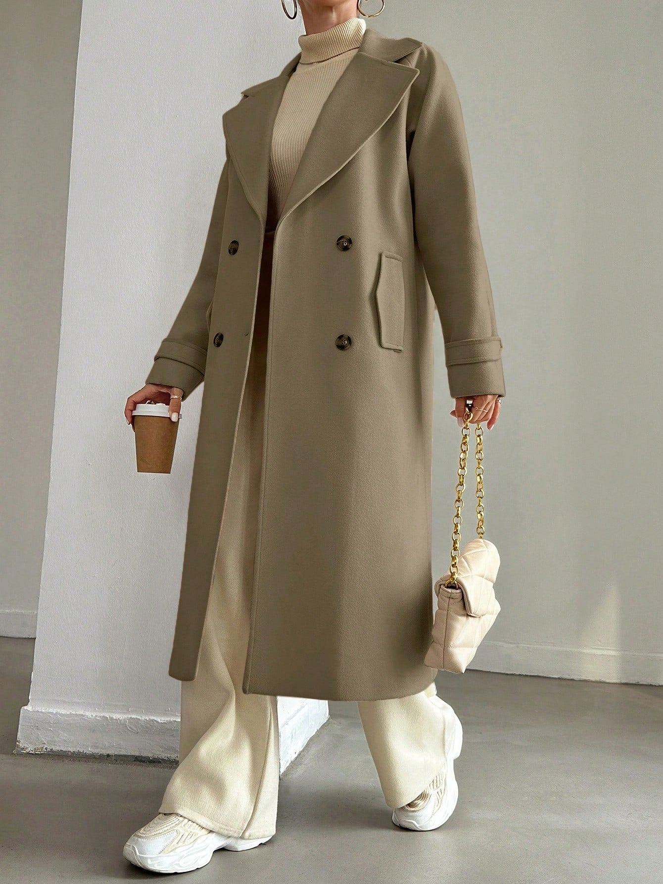 SHEIN Manteau En Laine Double Boutonnage Pour Femmes Couleur Unie Avec Col De Costume