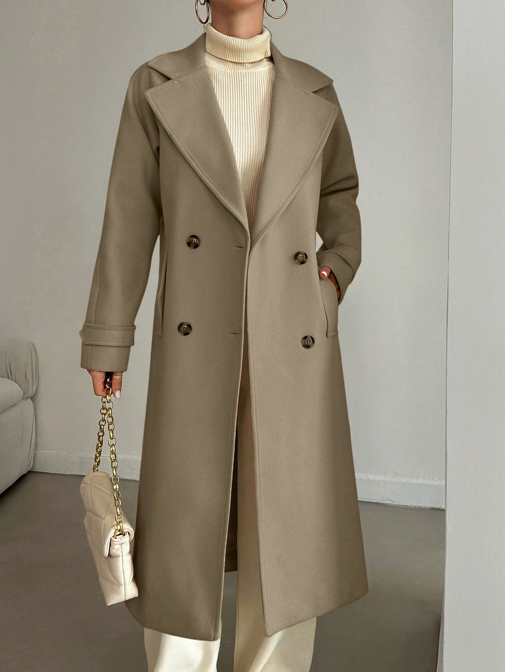 SHEIN Manteau En Laine Double Boutonnage Pour Femmes Couleur Unie Avec Col De Costume