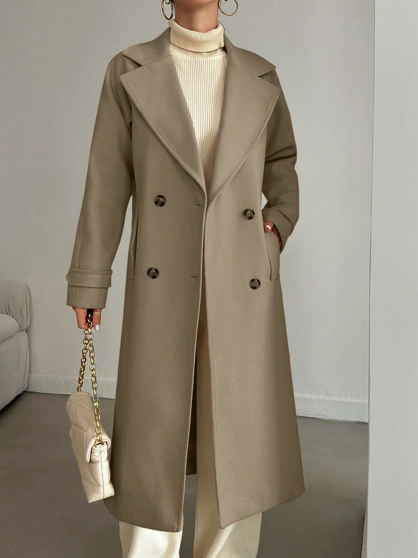 SHEIN Manteau En Laine Double Boutonnage Pour Femmes Couleur Unie Avec Col De Costume