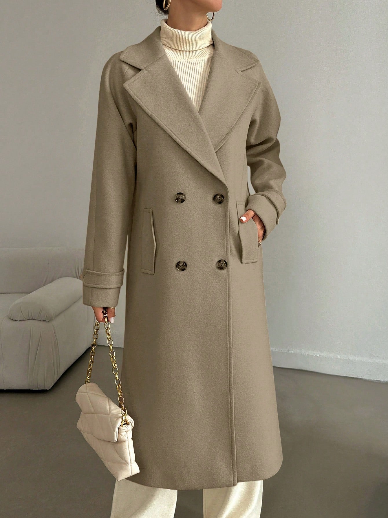 SHEIN Manteau En Laine Double Boutonnage Pour Femmes Couleur Unie Avec Col De Costume