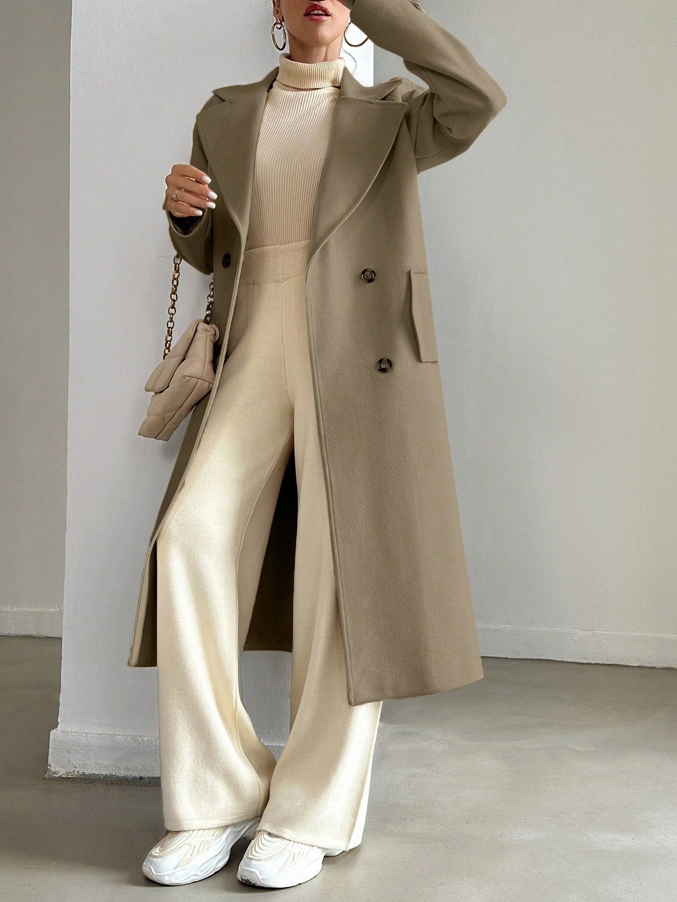 SHEIN Manteau En Laine Double Boutonnage Pour Femmes Couleur Unie Avec Col De Costume