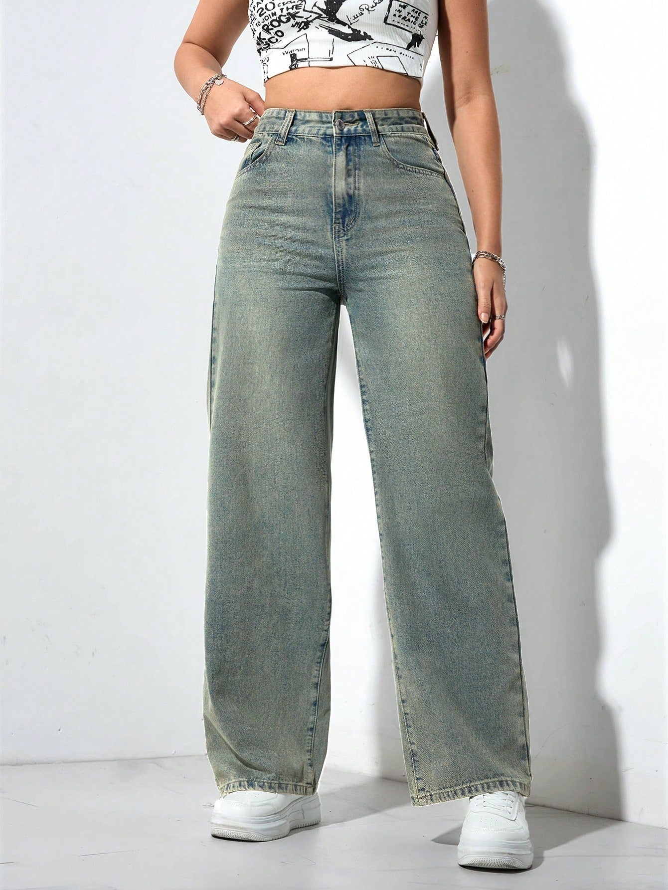 SHEIN x Lina SHEIN ICON Jeans droits taille mi-haute lavés décontractés de style rétro