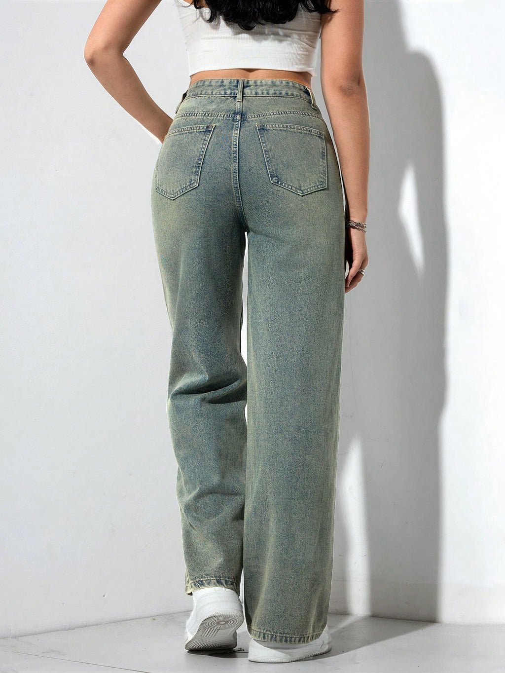 SHEIN x Lina SHEIN ICON Jeans droits taille mi-haute lavés décontractés de style rétro