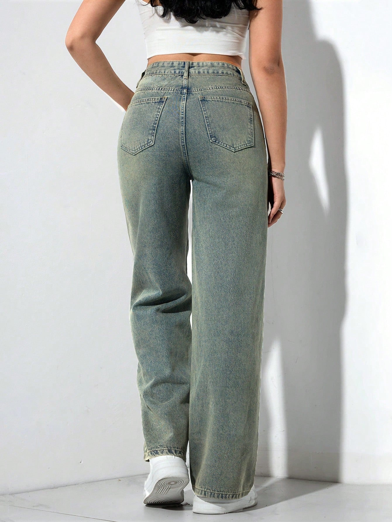 SHEIN x Lina SHEIN ICON Jeans droits taille mi-haute lavés décontractés de style rétro