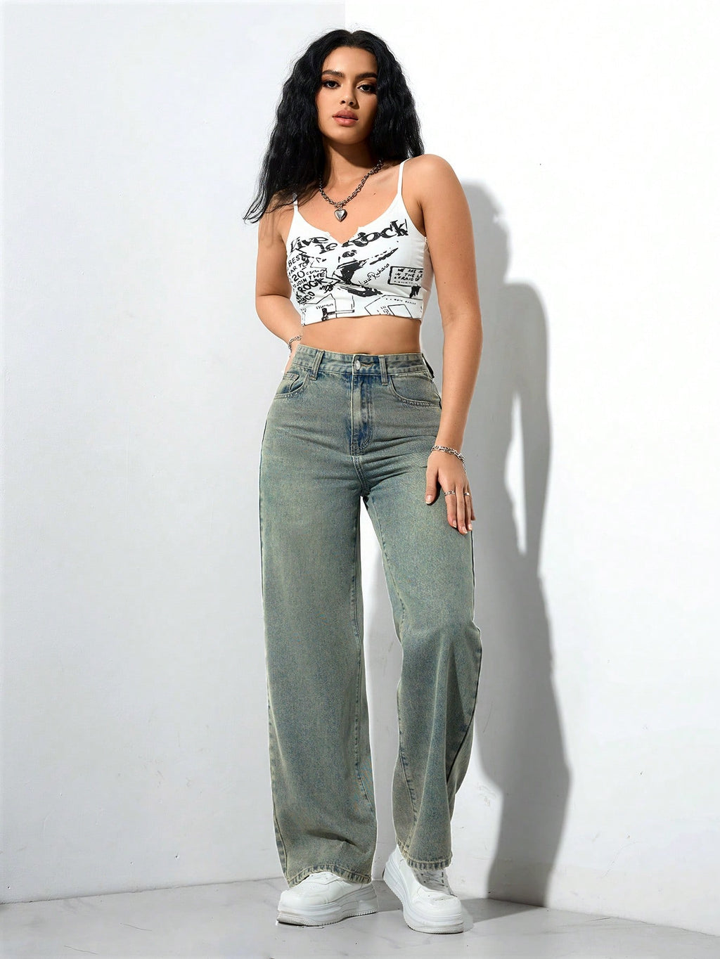 SHEIN x Lina SHEIN ICON Jeans droits taille mi-haute lavés décontractés de style rétro
