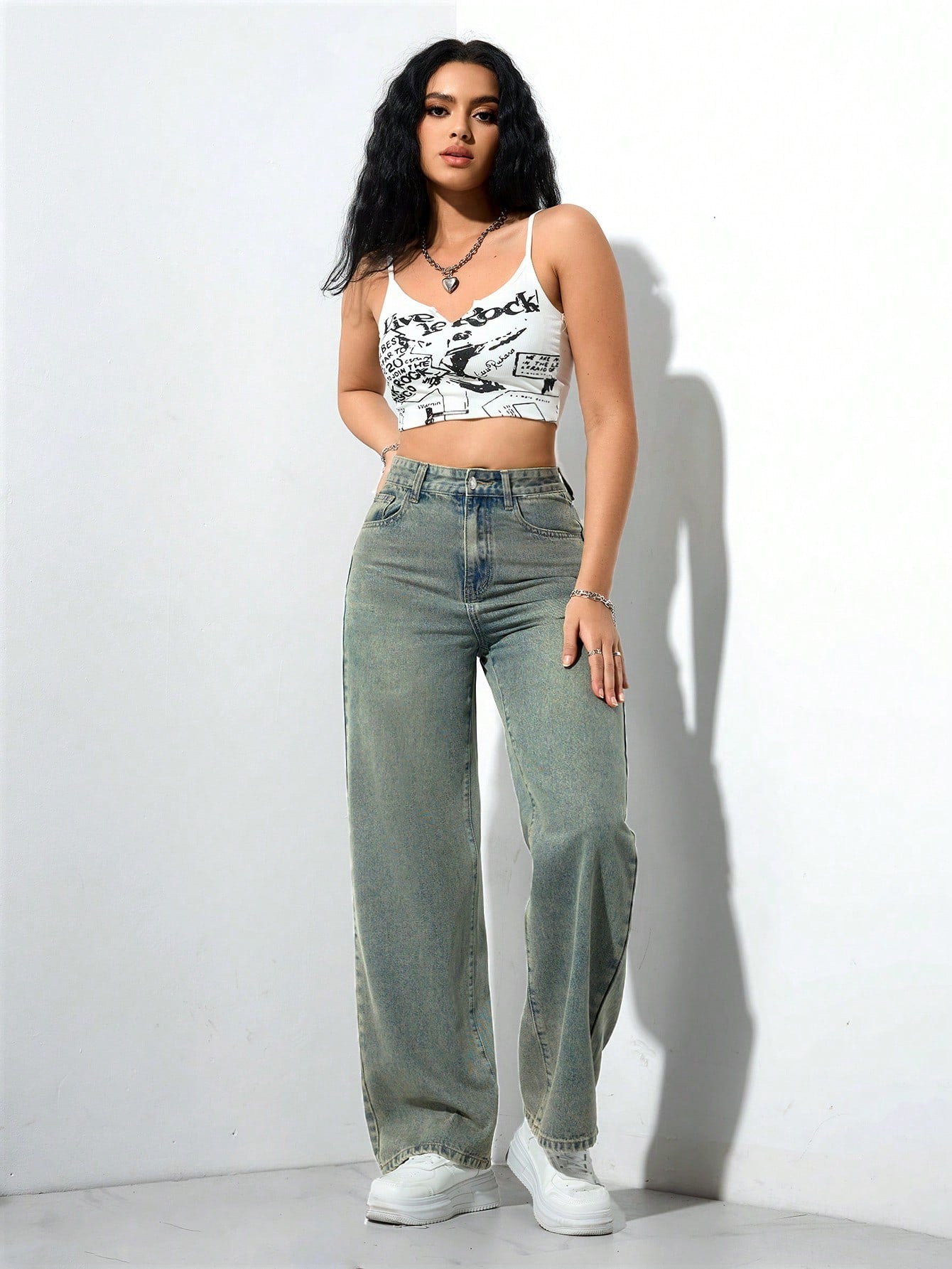 SHEIN x Lina SHEIN ICON Jeans droits taille mi-haute lavés décontractés de style rétro