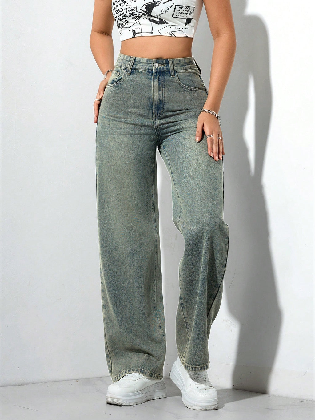SHEIN x Lina SHEIN ICON Jeans droits taille mi-haute lavés décontractés de style rétro
