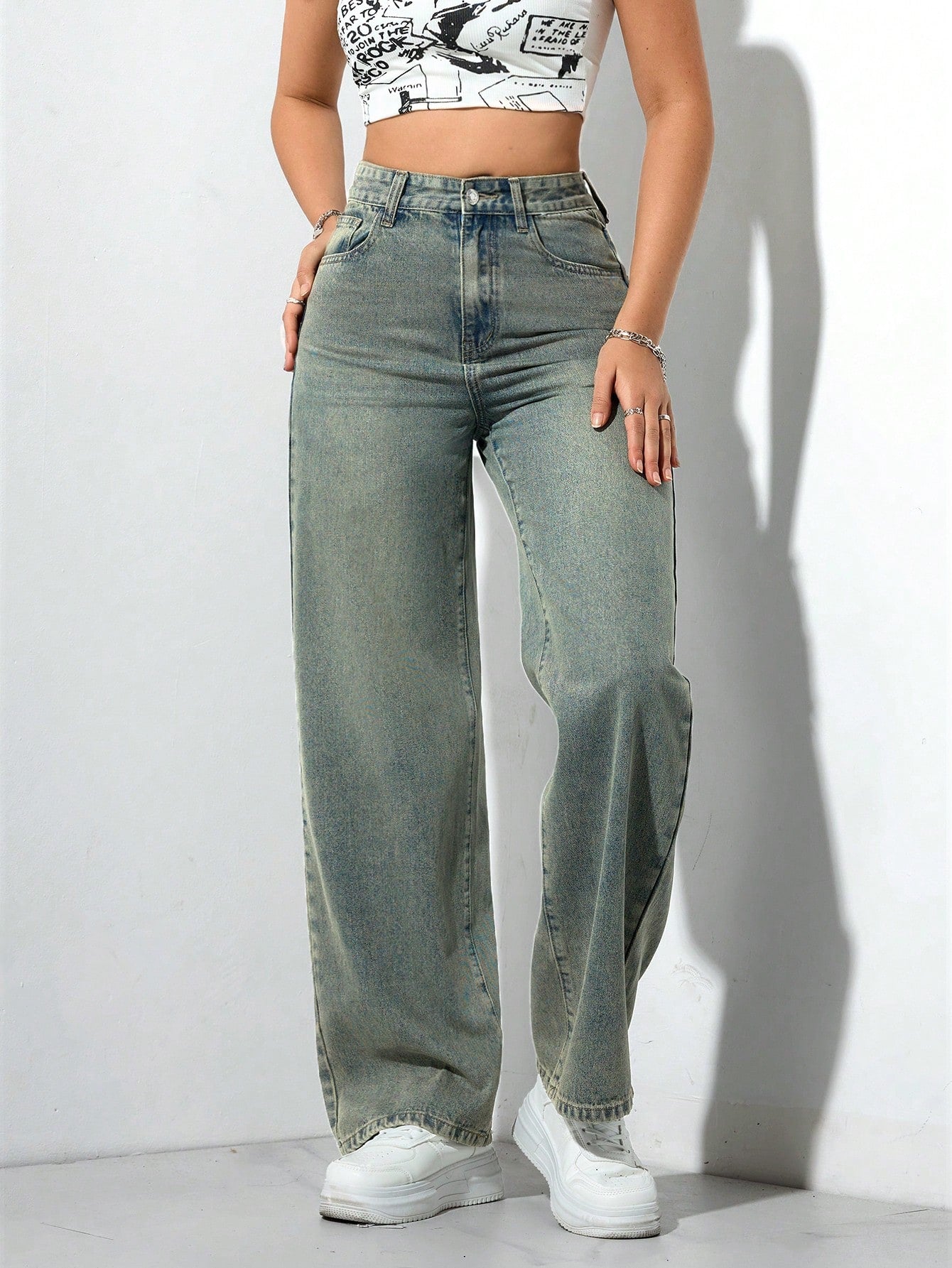 SHEIN x Lina SHEIN ICON Jeans droits taille mi-haute lavés décontractés de style rétro