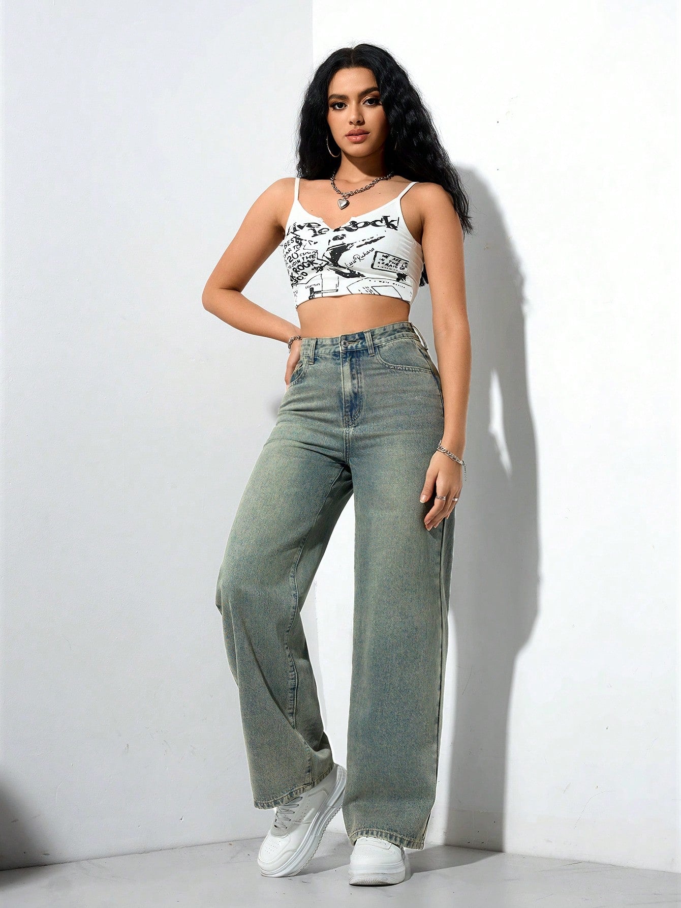 SHEIN x Lina SHEIN ICON Jeans droits taille mi-haute lavés décontractés de style rétro