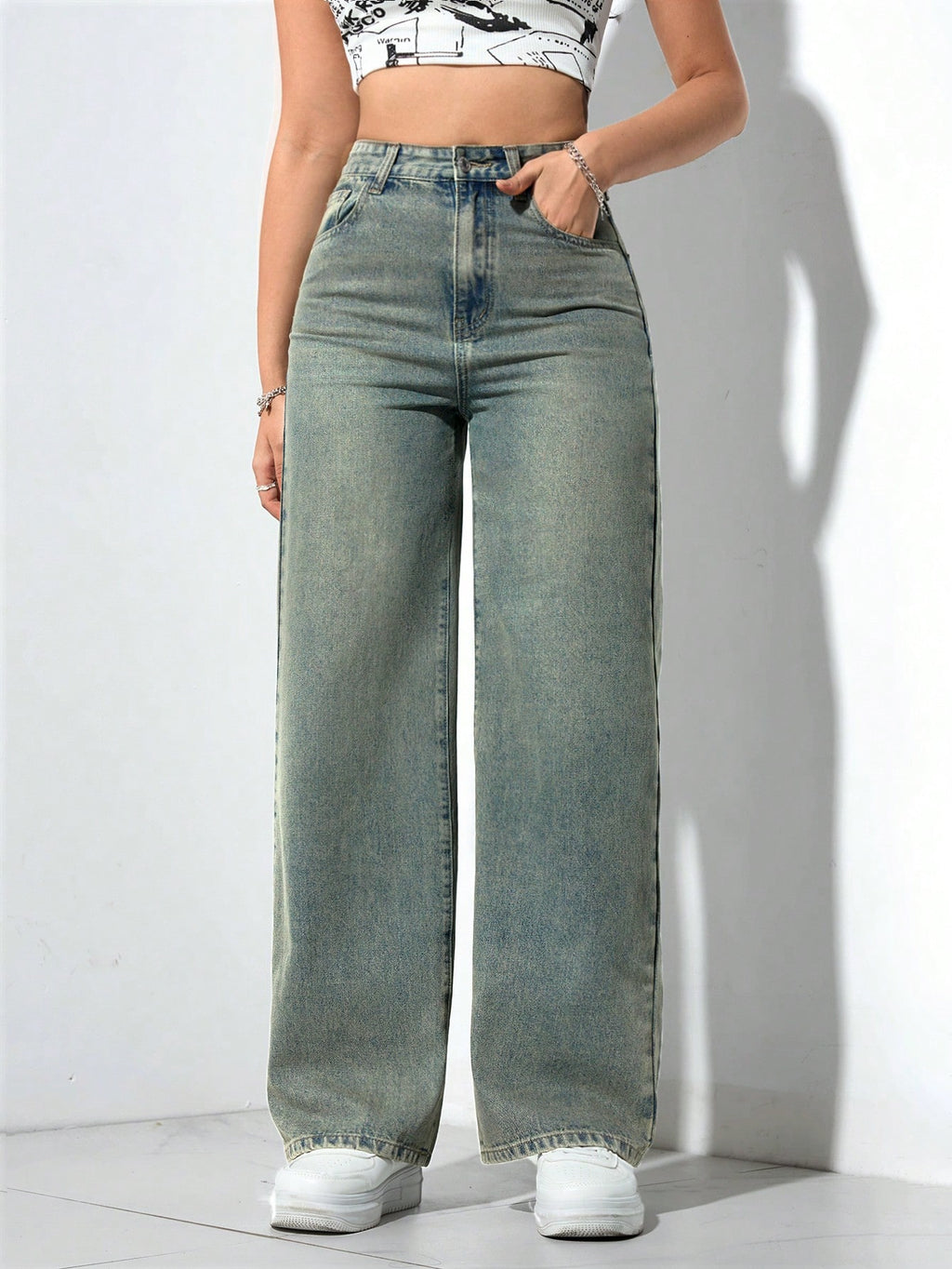 SHEIN x Lina SHEIN ICON Jeans droits taille mi-haute lavés décontractés de style rétro