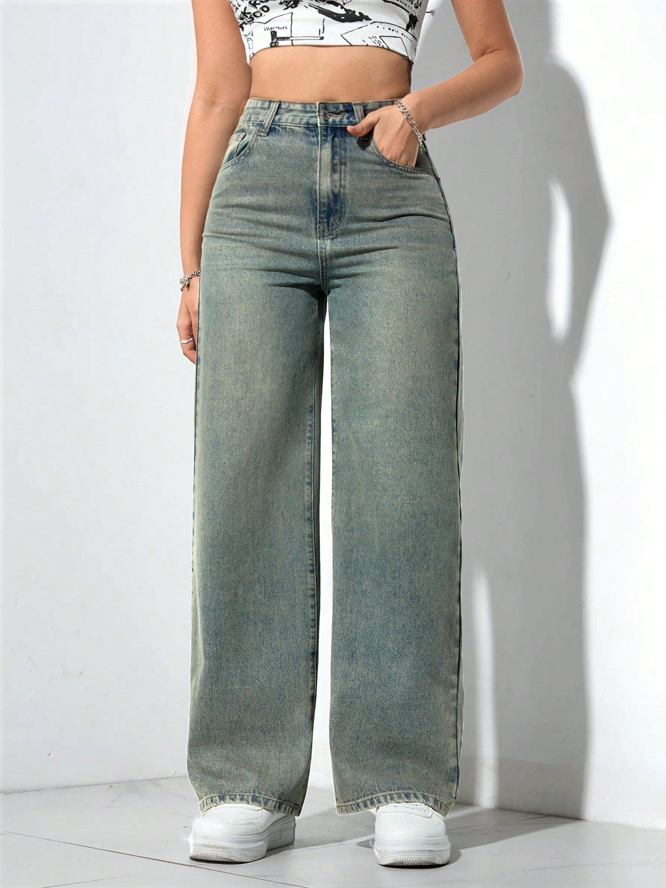 SHEIN x Lina SHEIN ICON Jeans droits taille mi-haute lavés décontractés de style rétro