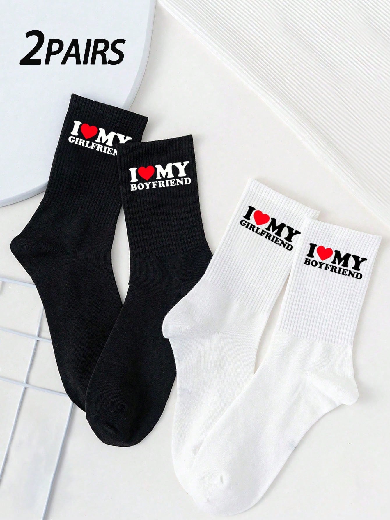 2 paires de chaussettes d'équipage pour couple, motif cœur blanc, minimaliste et , mignon et confortable, absorbant l'humidité, retour à l'école