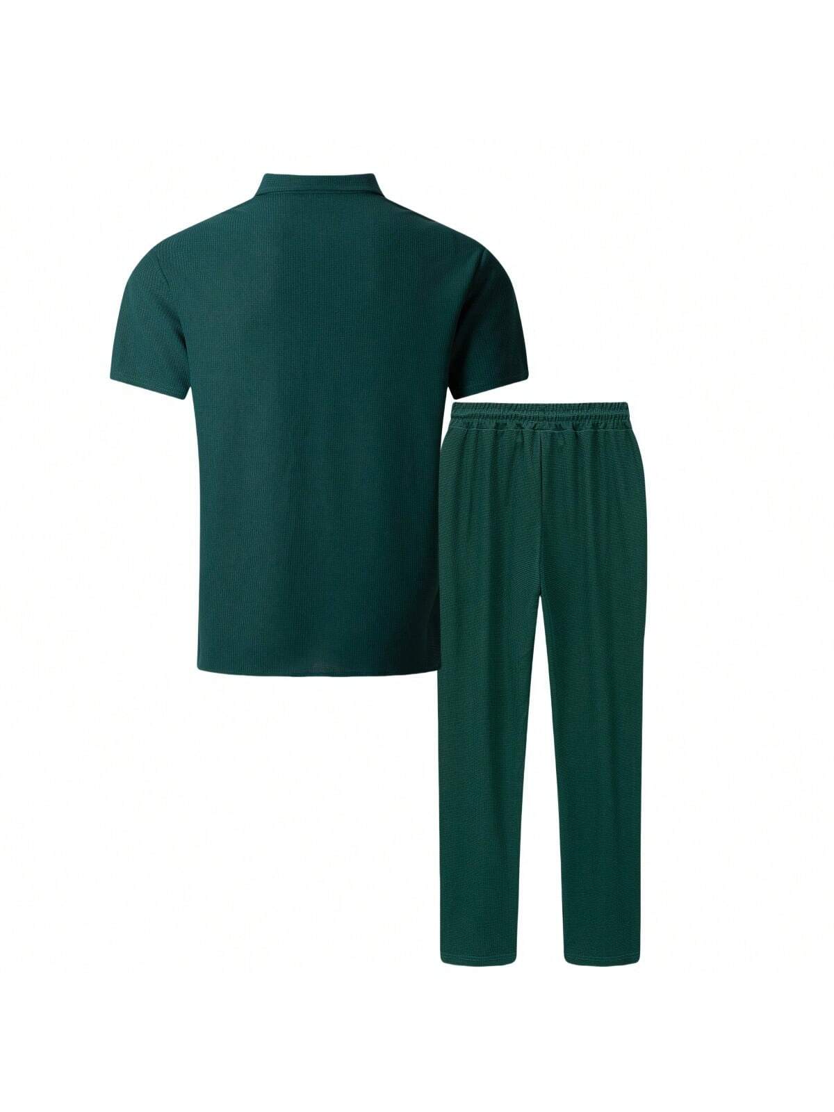 2 pièces Chemise décontractée mode homme avec boutons argentés contrastants, grandes poches et col châle + pantalon, tenue de printemps/été