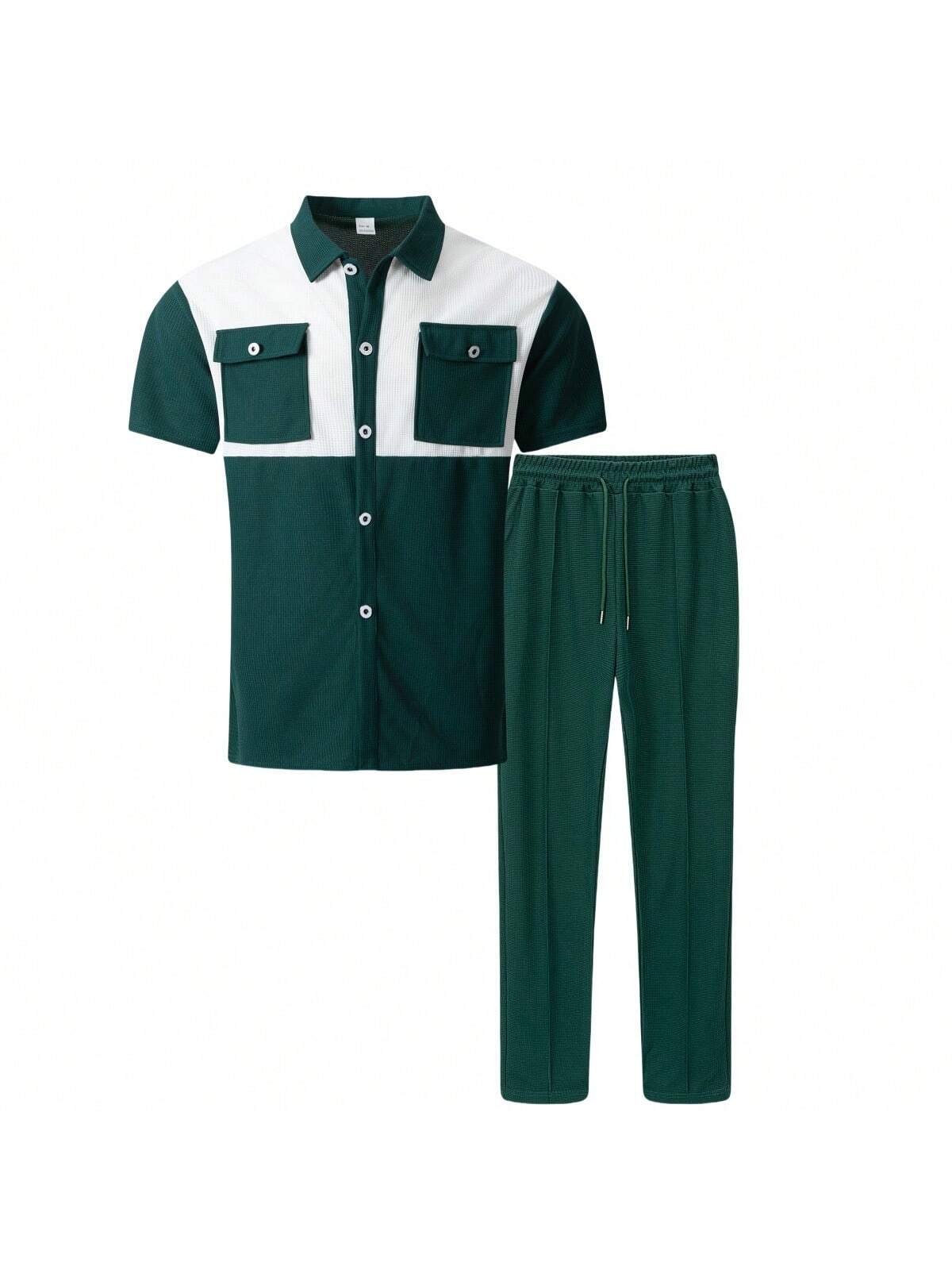 2 pièces Chemise décontractée mode homme avec boutons argentés contrastants, grandes poches et col châle + pantalon, tenue de printemps/été
