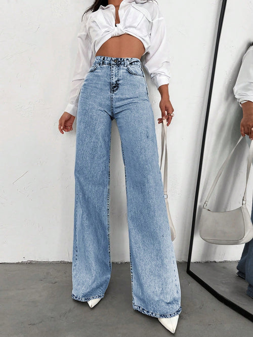 SHEIN Tall Jean grande taille à jambe large et ourlet long, 100% coton