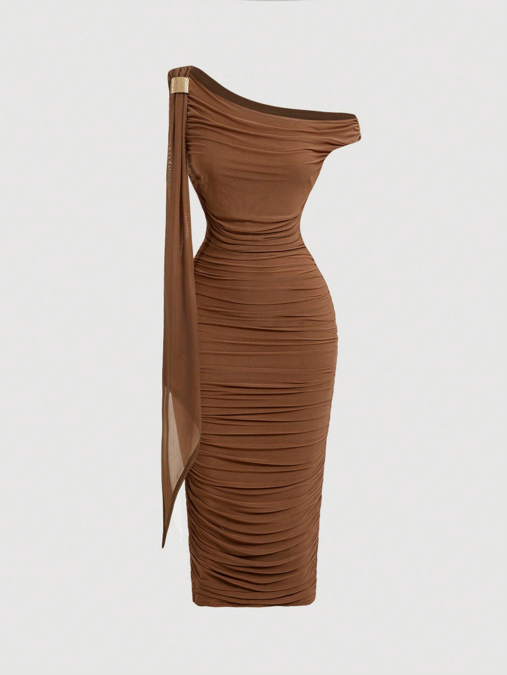 SHEIN MOD Robe mi-longue élégante pour femmes, coupe ajustée, col asymétrique, froncée, de couleur unie