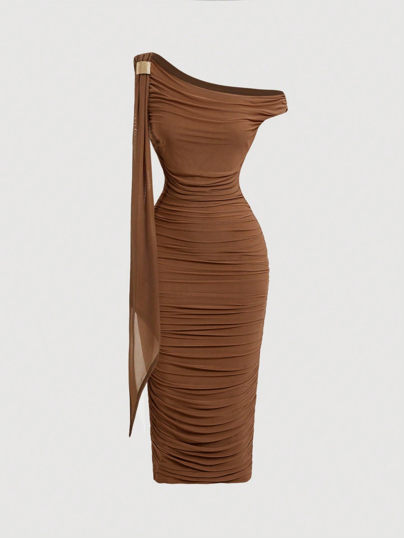 SHEIN MOD Robe mi-longue élégante pour femmes, coupe ajustée, col asymétrique, froncée, de couleur unie