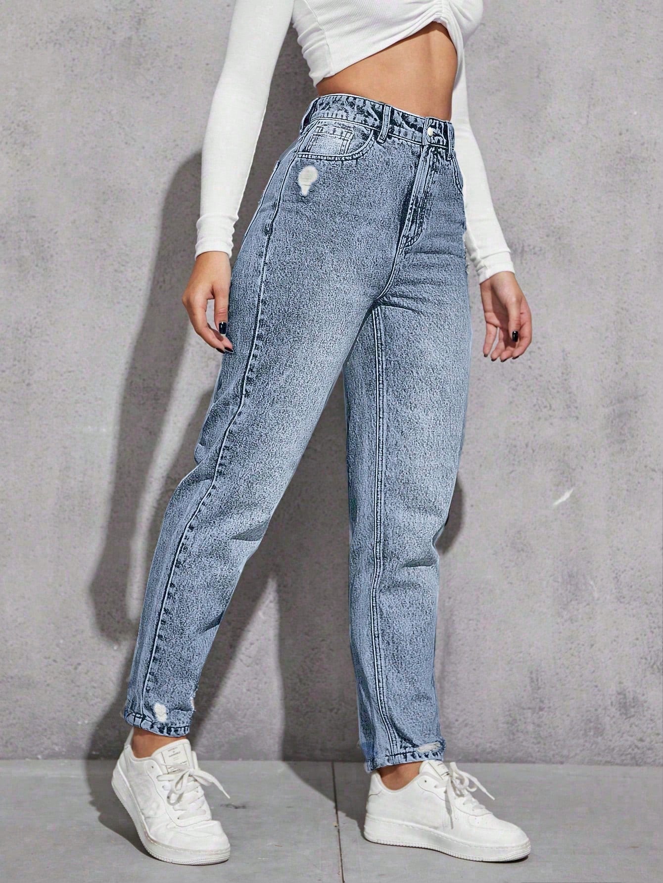 SHEIN EZwear Jeans décontractés polyvalents en denim avec jambes fuselées et poches pour femmes
