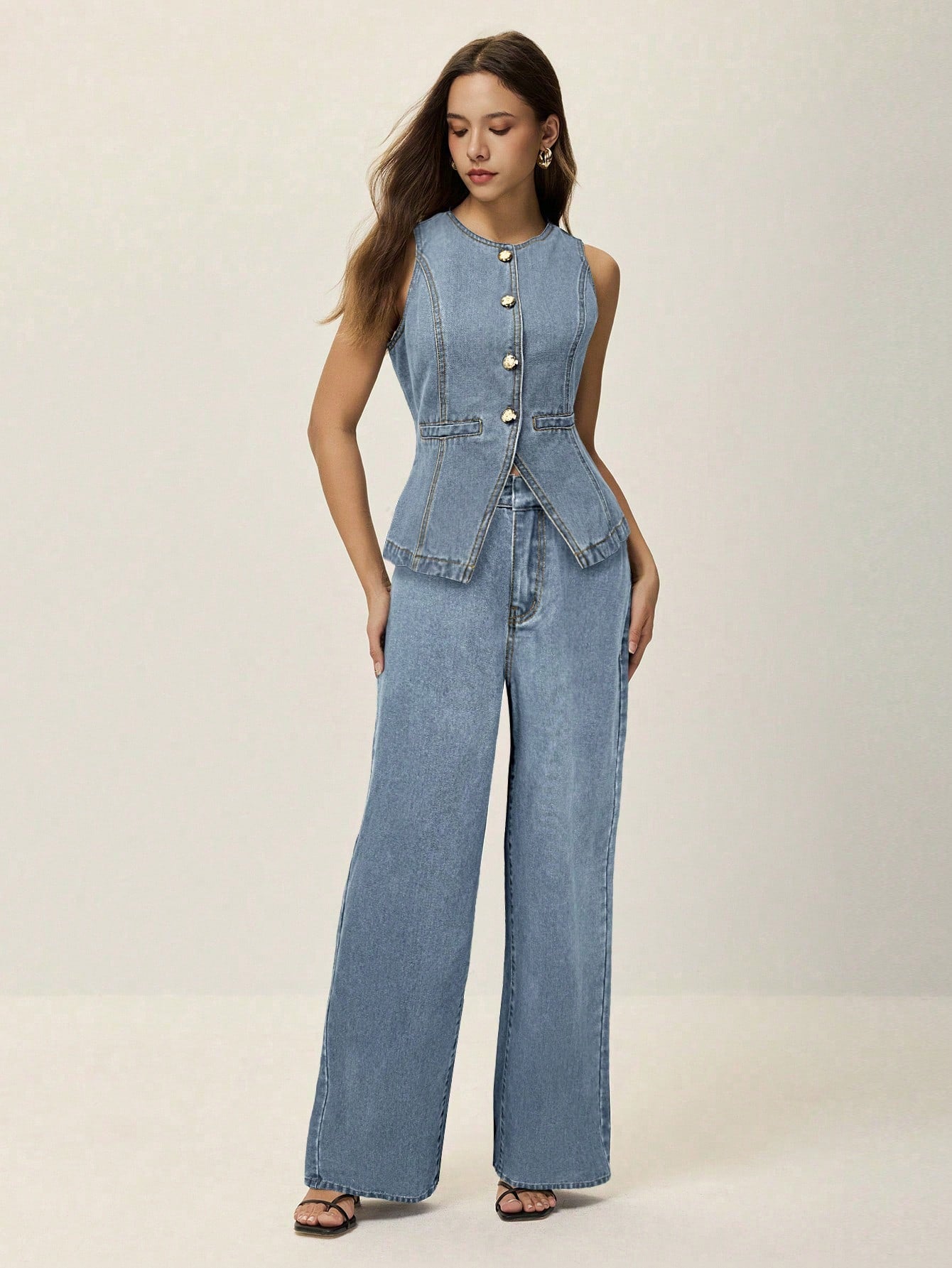 Poéselle Ensemble 2 pièces pour femmes : débardeur avec fente à la taille et boutons en métal, et jeans longs. Ensemble en denim élégant, jeans à jambe large et ample, jeans taille haute pour femmes, FW25