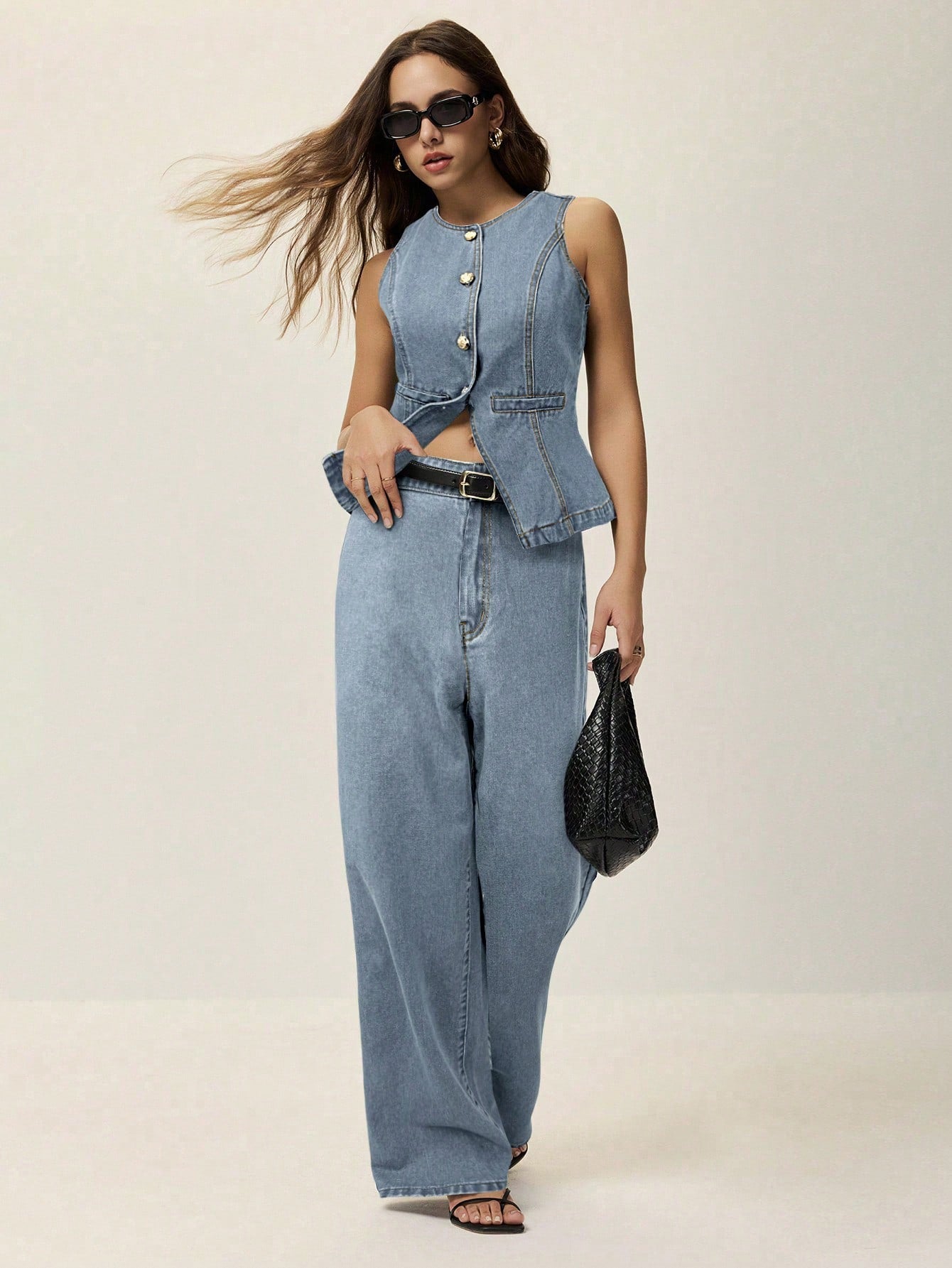 Poéselle Ensemble 2 pièces pour femmes : débardeur avec fente à la taille et boutons en métal, et jeans longs. Ensemble en denim élégant, jeans à jambe large et ample, jeans taille haute pour femmes, FW25
