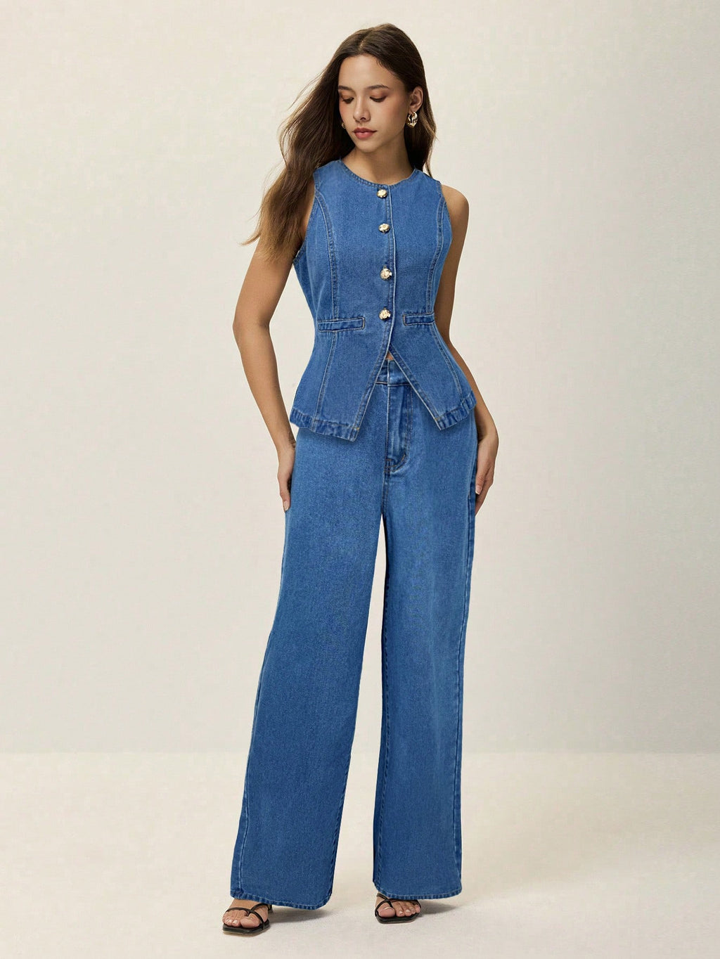 Poéselle Ensemble 2 pièces pour femmes : débardeur avec fente à la taille et boutons en métal, et jeans longs. Ensemble en denim élégant, jeans à jambe large et ample, jeans taille haute pour femmes, FW25