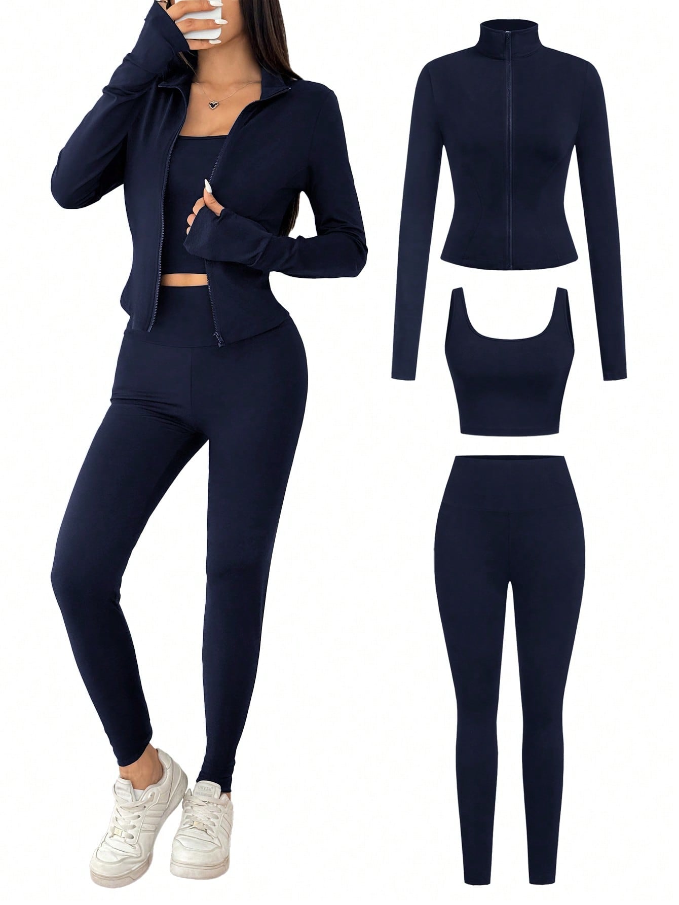 SHEIN EZwear Ensemble de 3 pièces de vêtements de sport pour femme comprenant un cardigan zippé en tricot noir, un débardeur et un pantalon