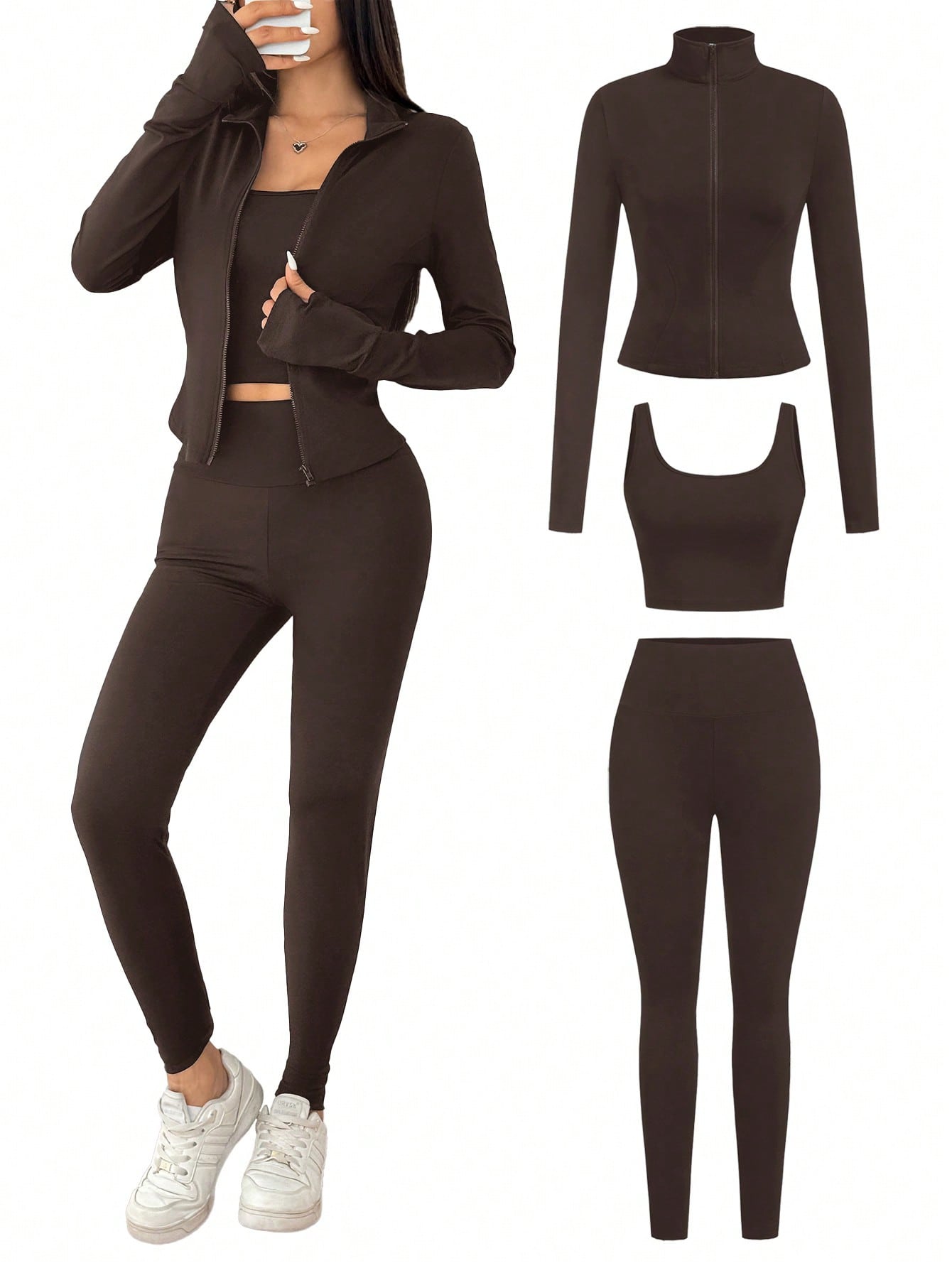 SHEIN EZwear Ensemble de 3 pièces de vêtements de sport pour femme comprenant un cardigan zippé en tricot noir, un débardeur et un pantalon