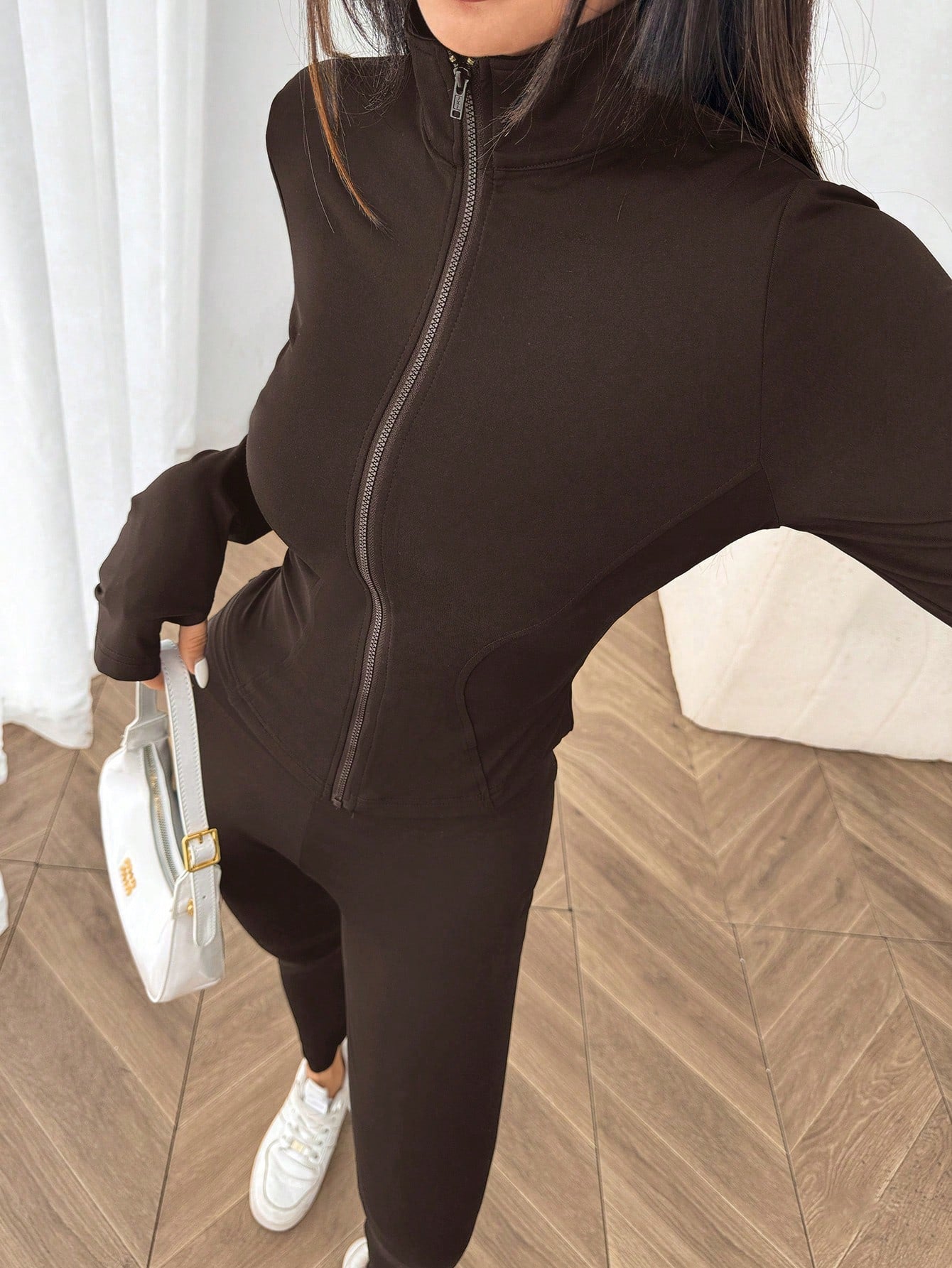 SHEIN EZwear Ensemble de 3 pièces de vêtements de sport pour femme comprenant un cardigan zippé en tricot noir, un débardeur et un pantalon