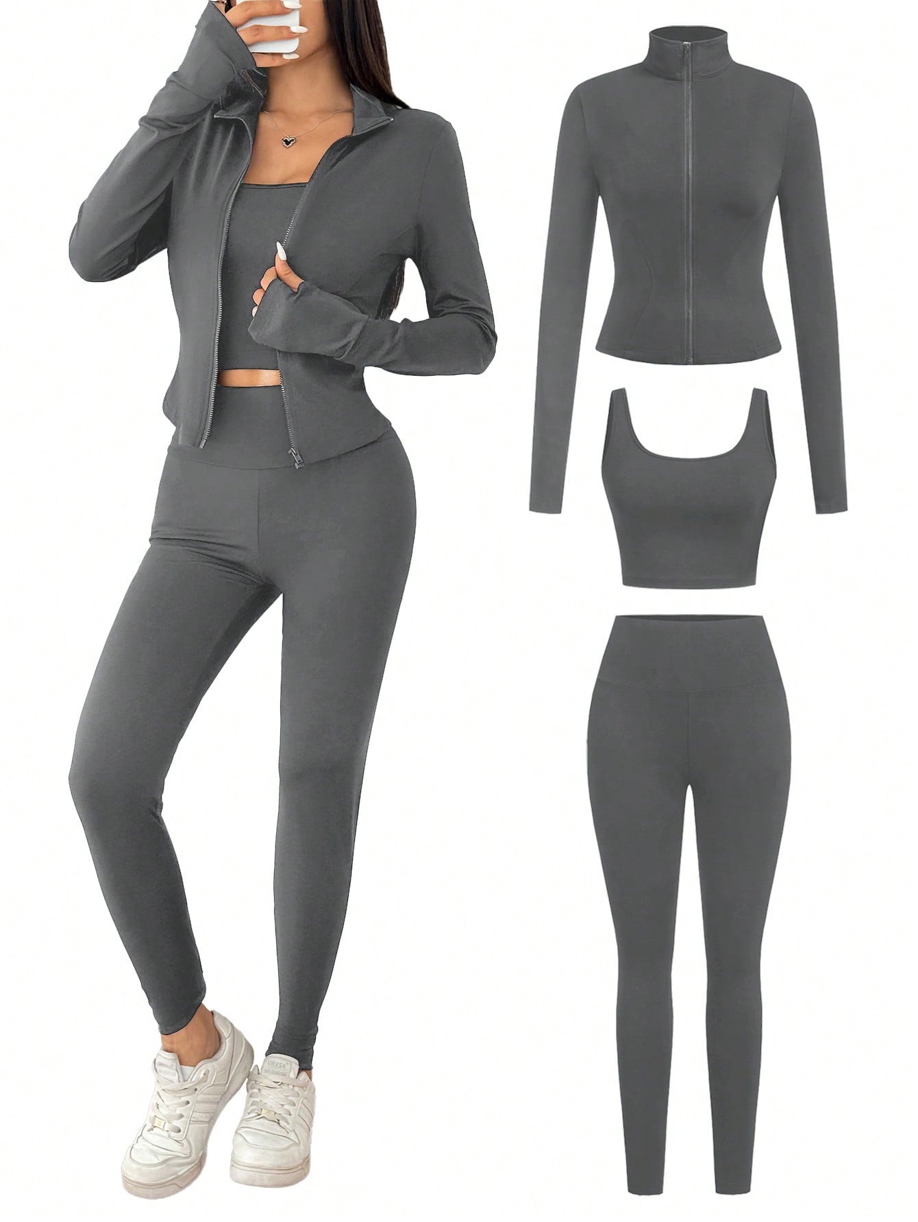 SHEIN EZwear Ensemble de 3 pièces de vêtements de sport pour femme comprenant un cardigan zippé en tricot noir, un débardeur et un pantalon