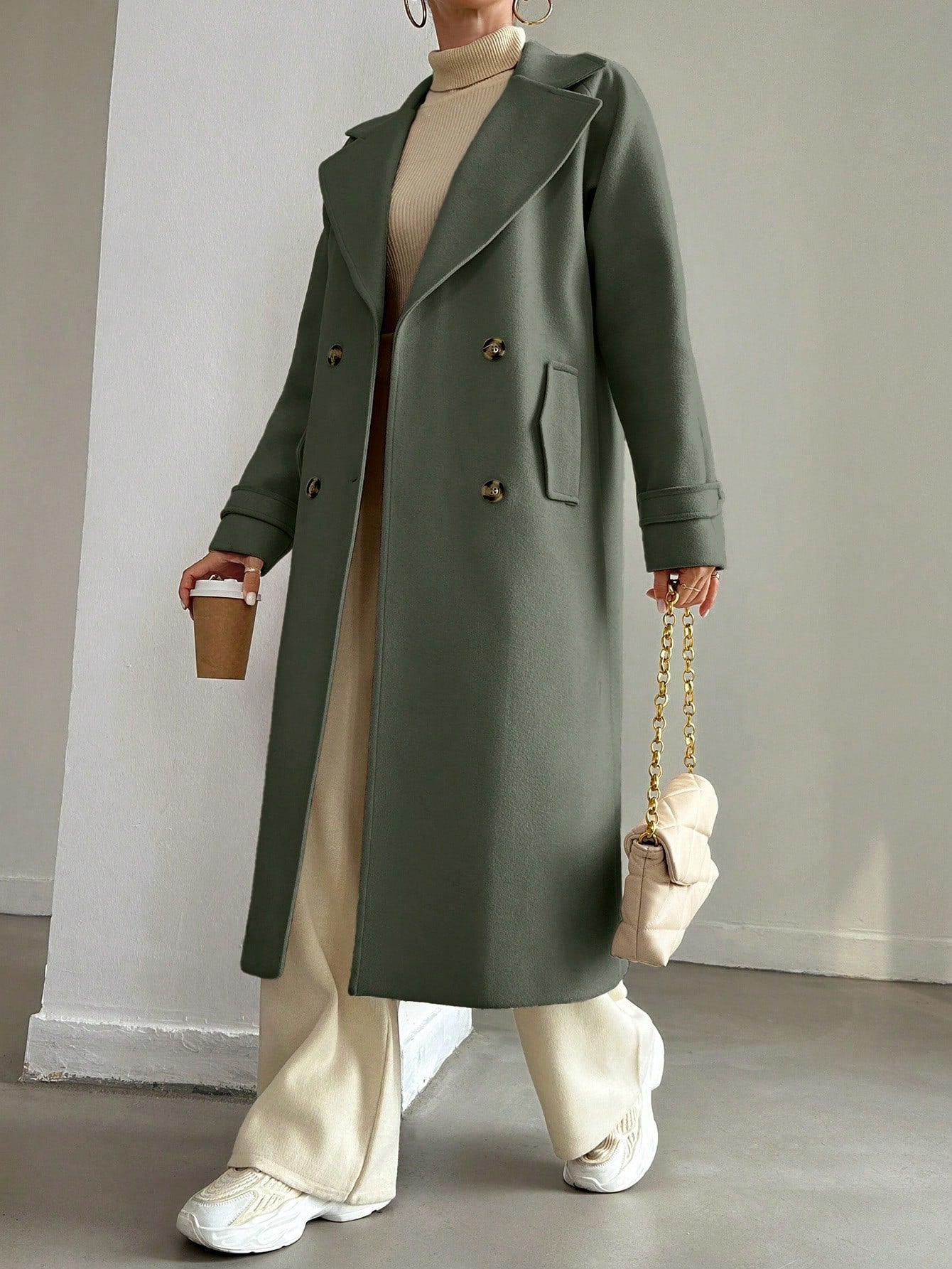 SHEIN Manteau En Laine Double Boutonnage Pour Femmes Couleur Unie Avec Col De Costume