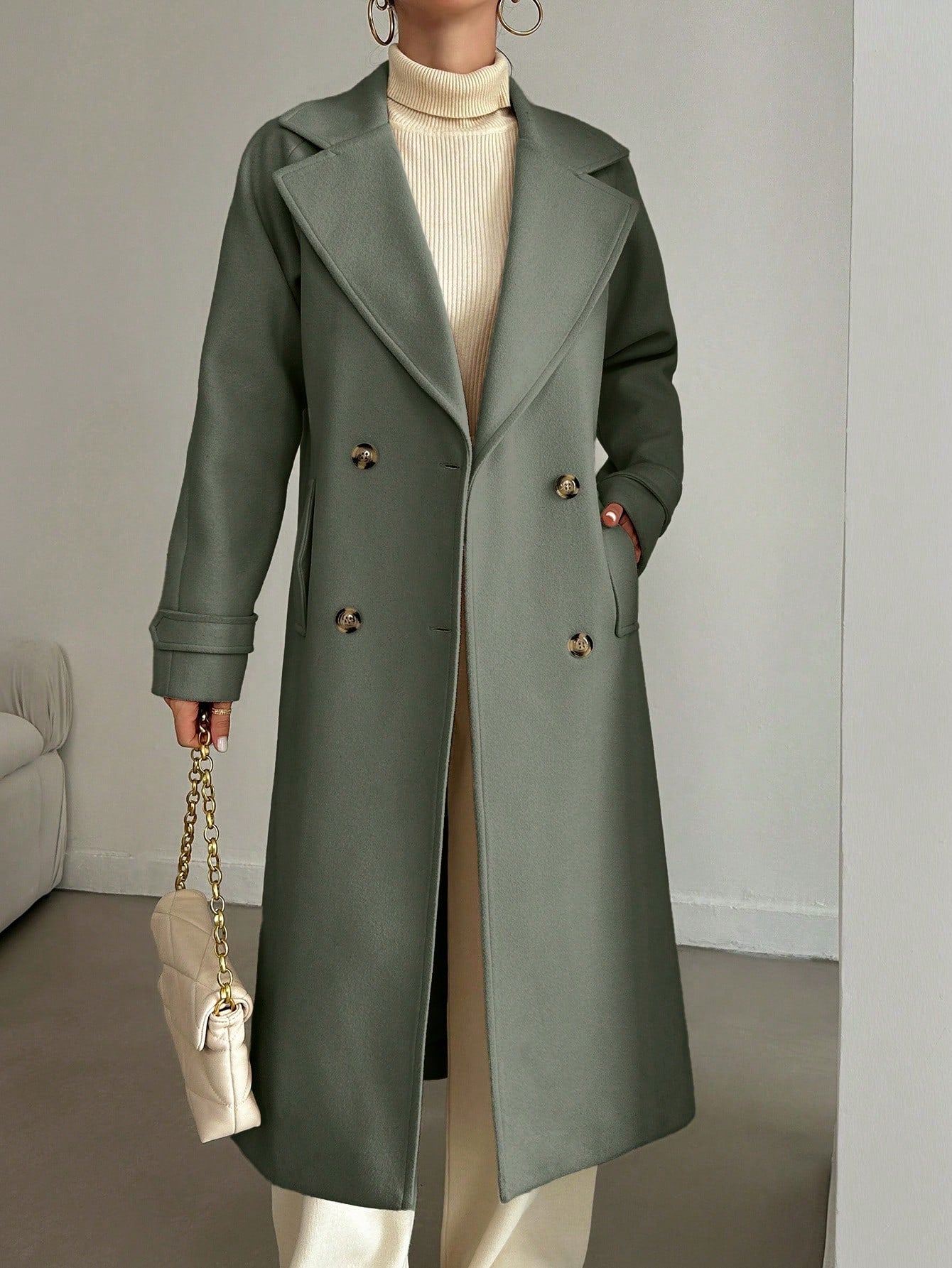 SHEIN Manteau En Laine Double Boutonnage Pour Femmes Couleur Unie Avec Col De Costume