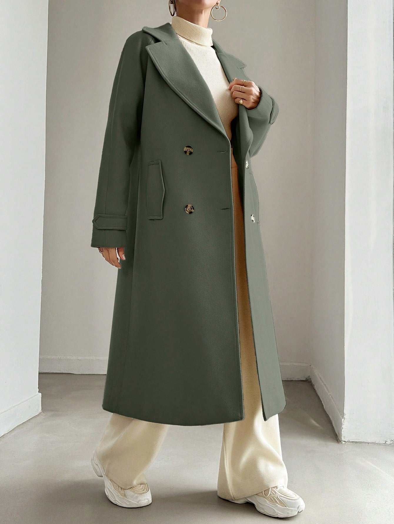 SHEIN Manteau En Laine Double Boutonnage Pour Femmes Couleur Unie Avec Col De Costume