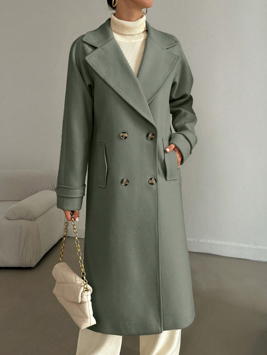 SHEIN Manteau En Laine Double Boutonnage Pour Femmes Couleur Unie Avec Col De Costume