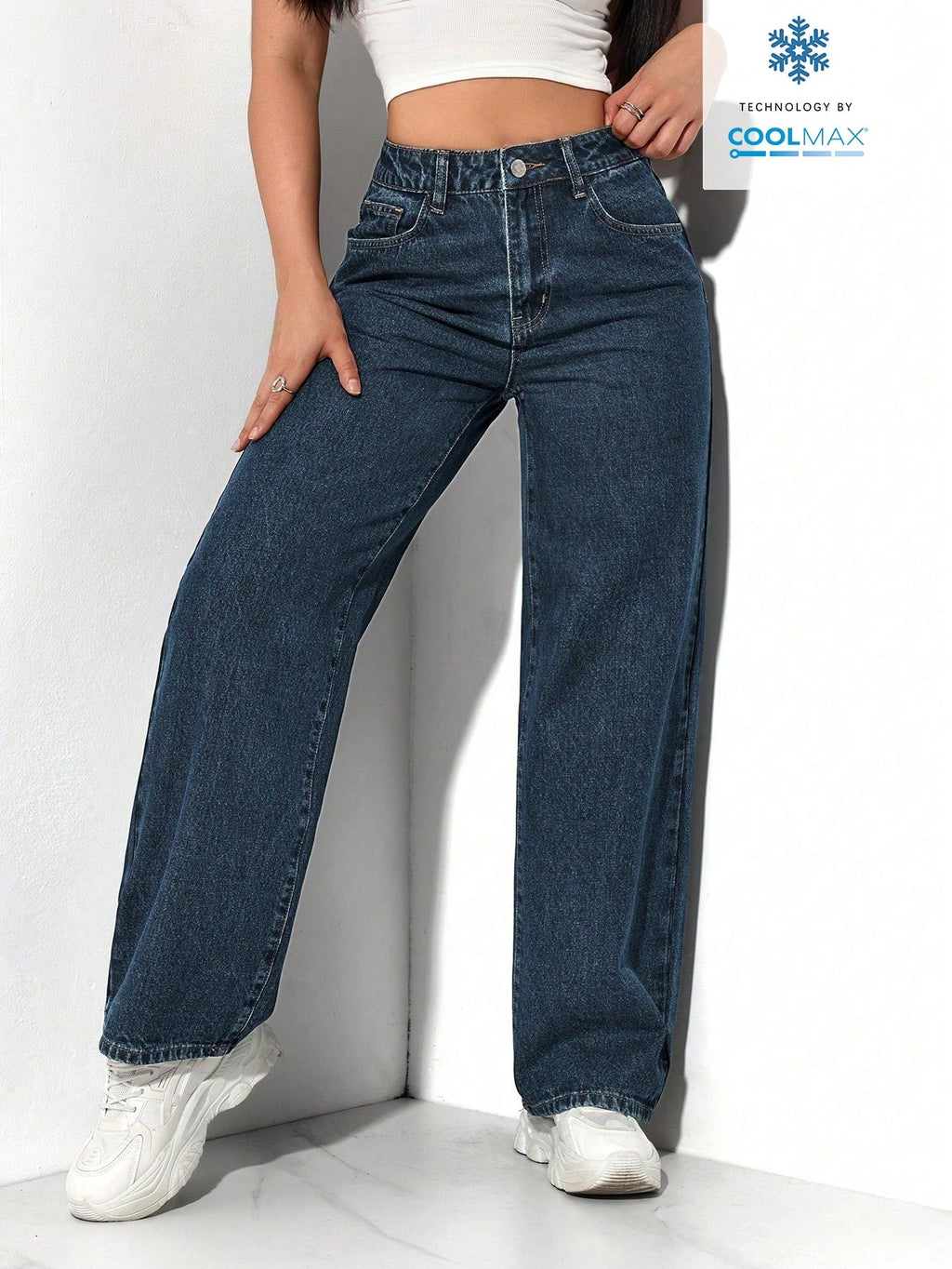 SHEIN PETITE Jeans décontractés, lavés, coupe droite relâchée