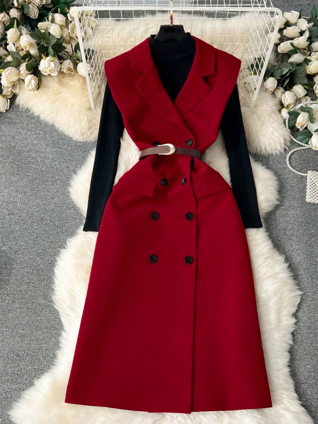 SHEIN Clasi Blazer sans manches à double boutonnage de couleur unie décontracté