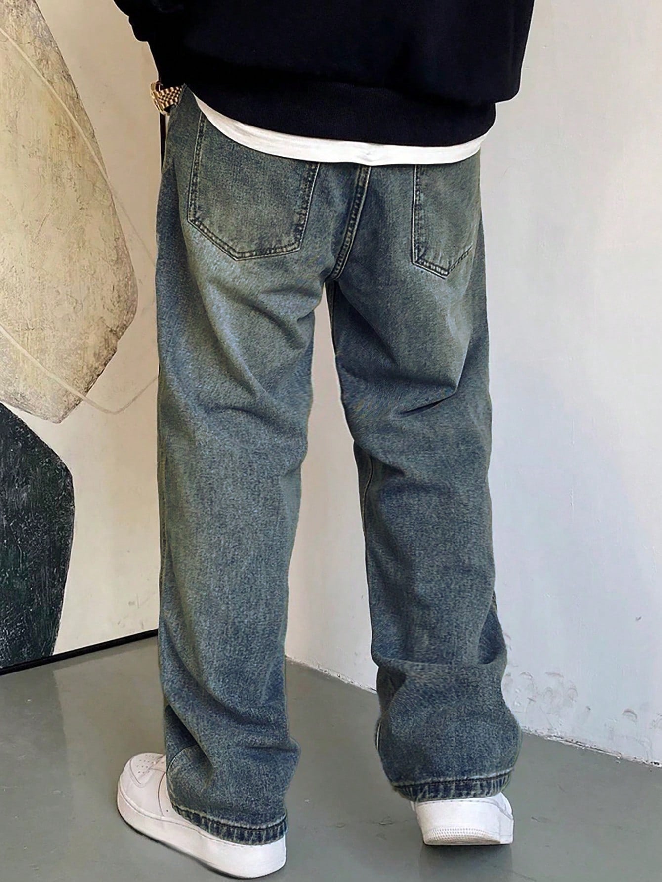 1 pièce Jeans à jambe large droite et ample délavé casual pour hommes, style japonais polyvalent