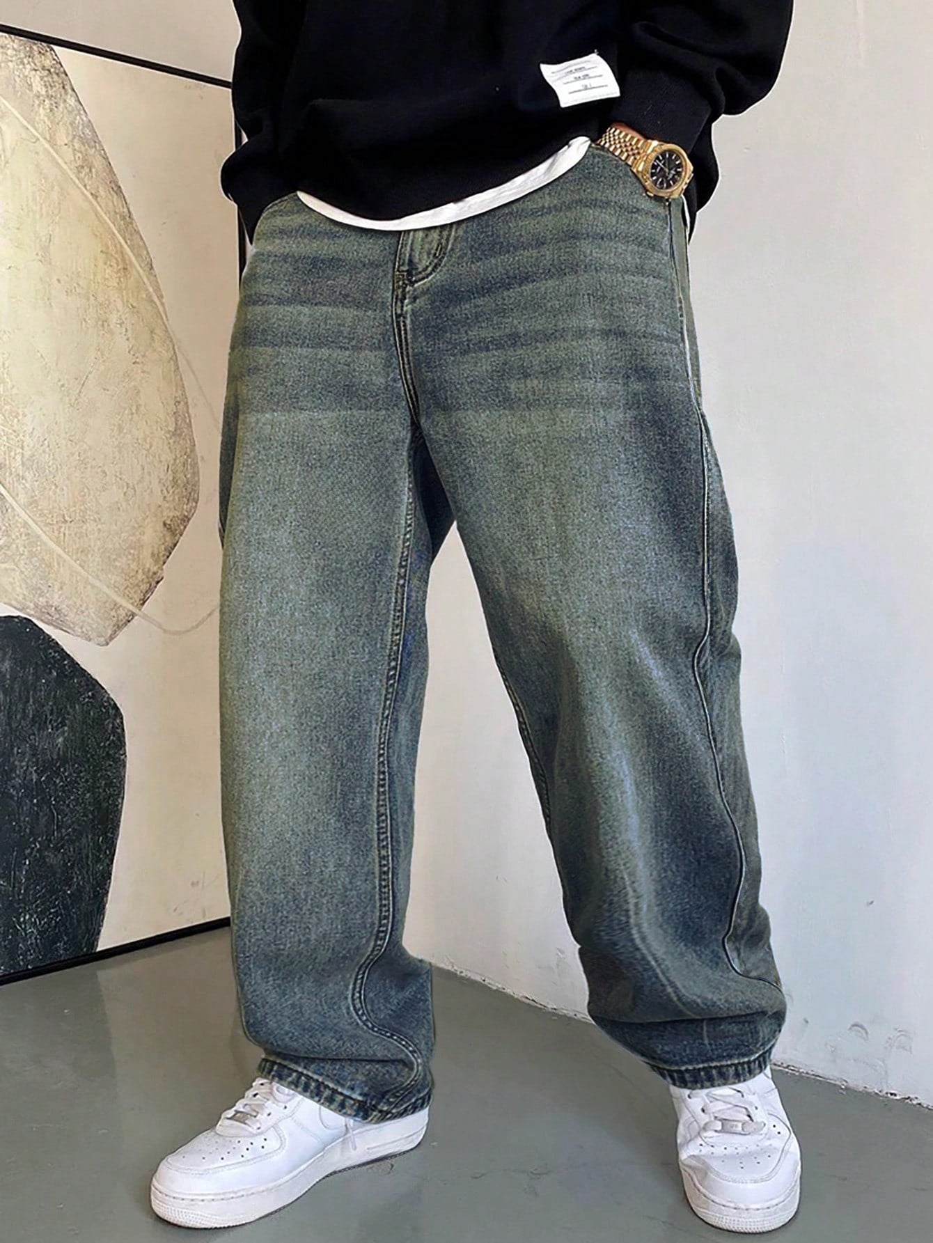 1 pièce Jeans à jambe large droite et ample délavé casual pour hommes, style japonais polyvalent