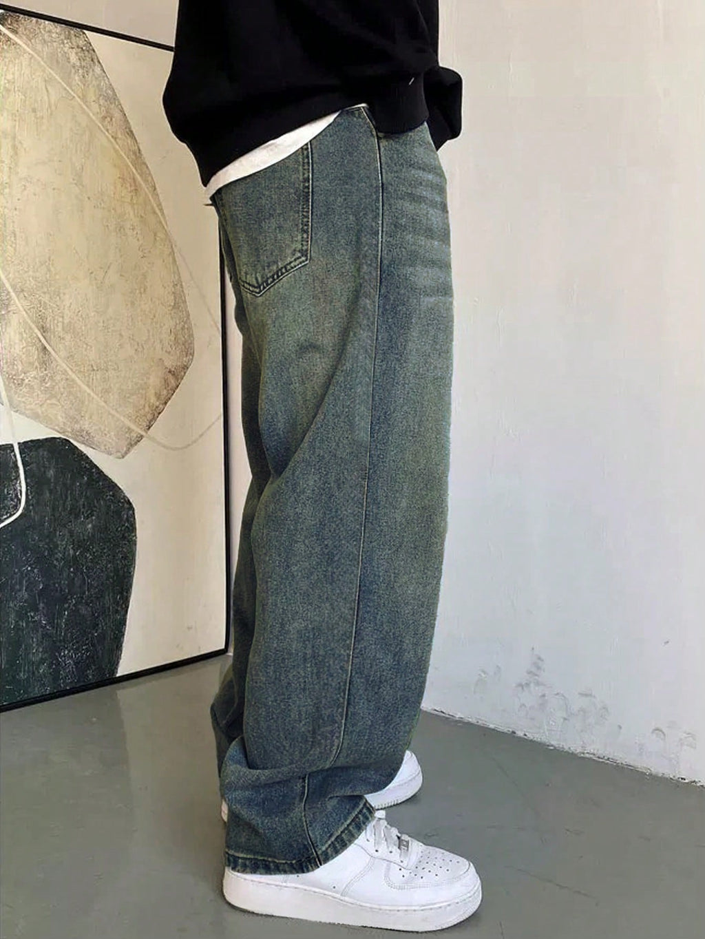 1 pièce Jeans à jambe large droite et ample délavé casual pour hommes, style japonais polyvalent