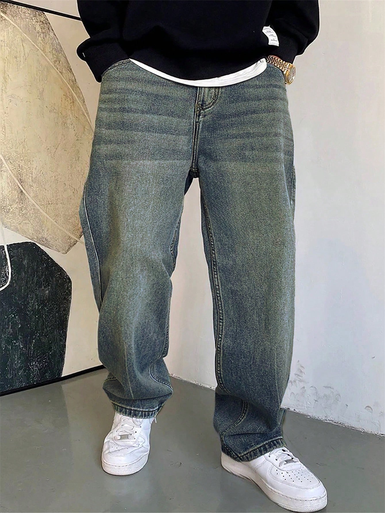1 pièce Jeans à jambe large droite et ample délavé casual pour hommes, style japonais polyvalent