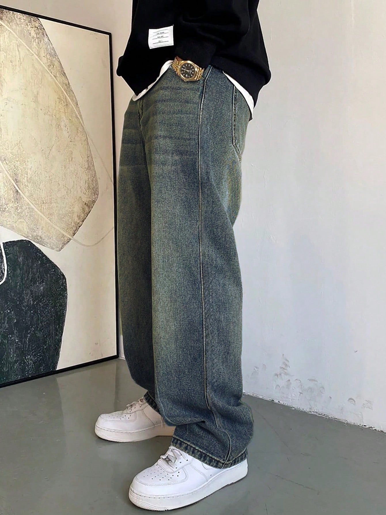 1 pièce Jeans à jambe large droite et ample délavé casual pour hommes, style japonais polyvalent
